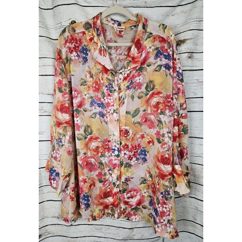 Tianello Floral Button Sharon Blouse Top 3X 100% Rayon 3/4 Split Sleeves Cottage